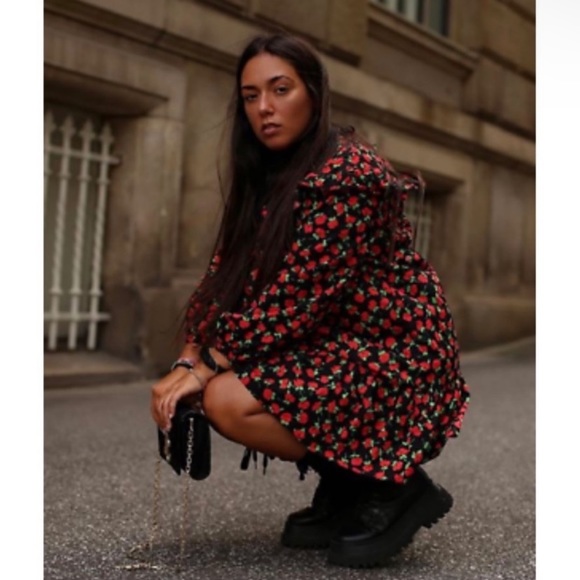 Zara poplin floral ruffle dress xsmall nwt black red - Picture 7 of 10